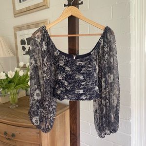 Free People Navy and White Floral Crop Top